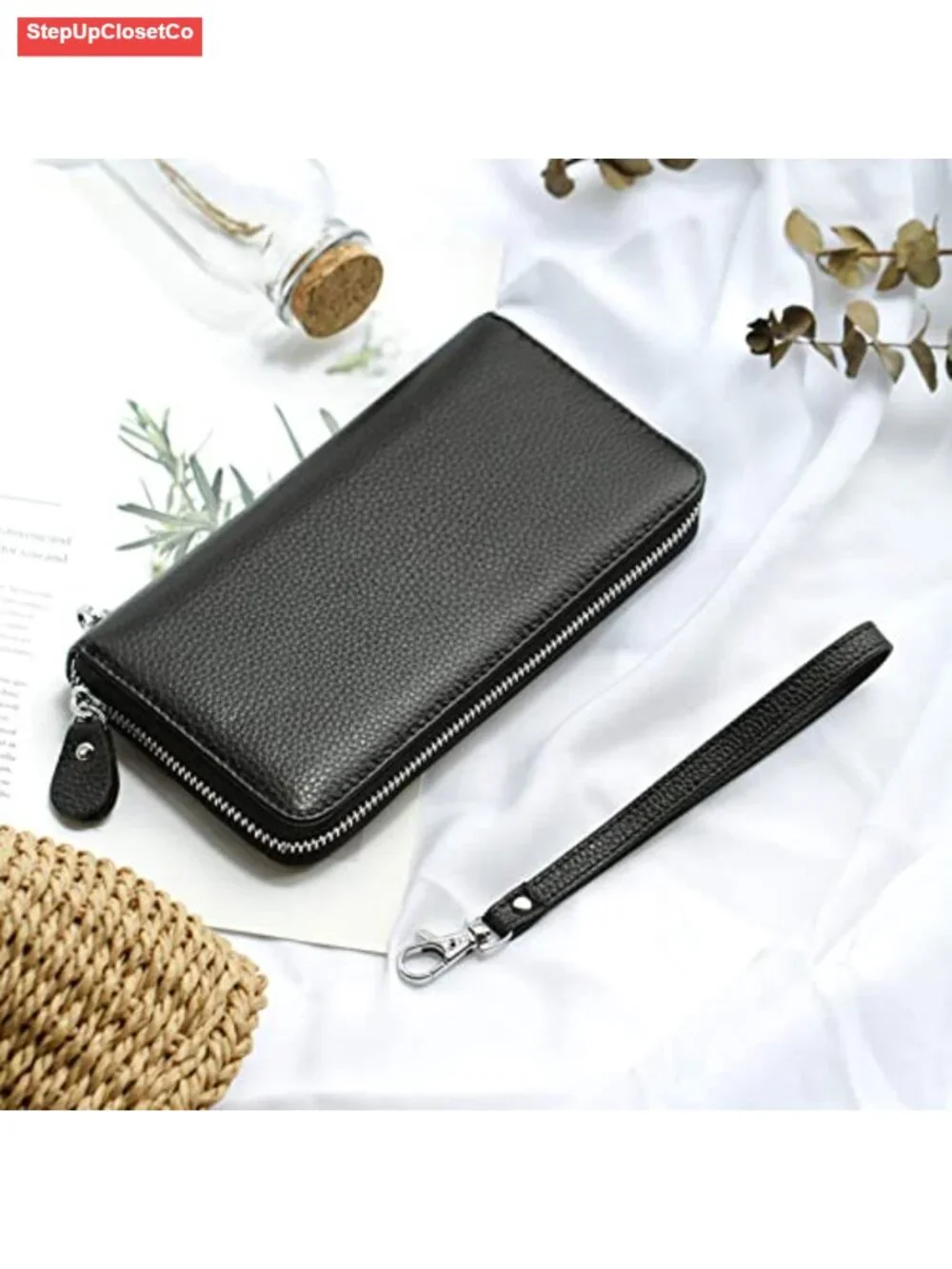RFID Blocking Genuine Leather Zip Clutch Wristlet Wallet for Women
